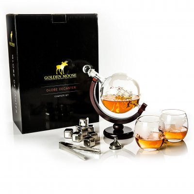 Whiskykaraffel Globe med 2 glas & 8 whiskysten, 0,85 liter
